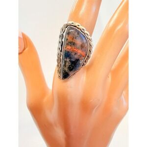 Southwestern Silver plated Jasper Statement Ring Size 6 Triangular Twisted Rope‎